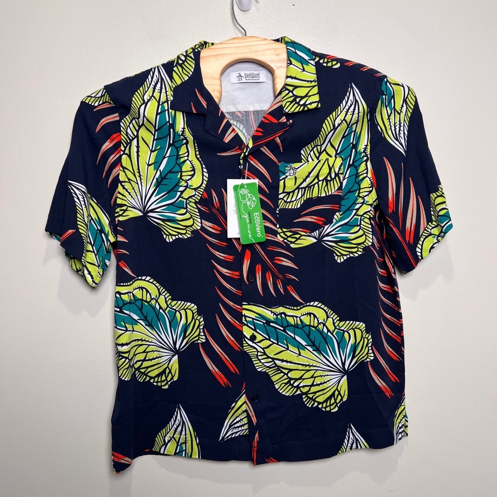 Original Penguin Button Down Shirt Mens Large Tropical Hawaiian Leaf EcoVero NWT